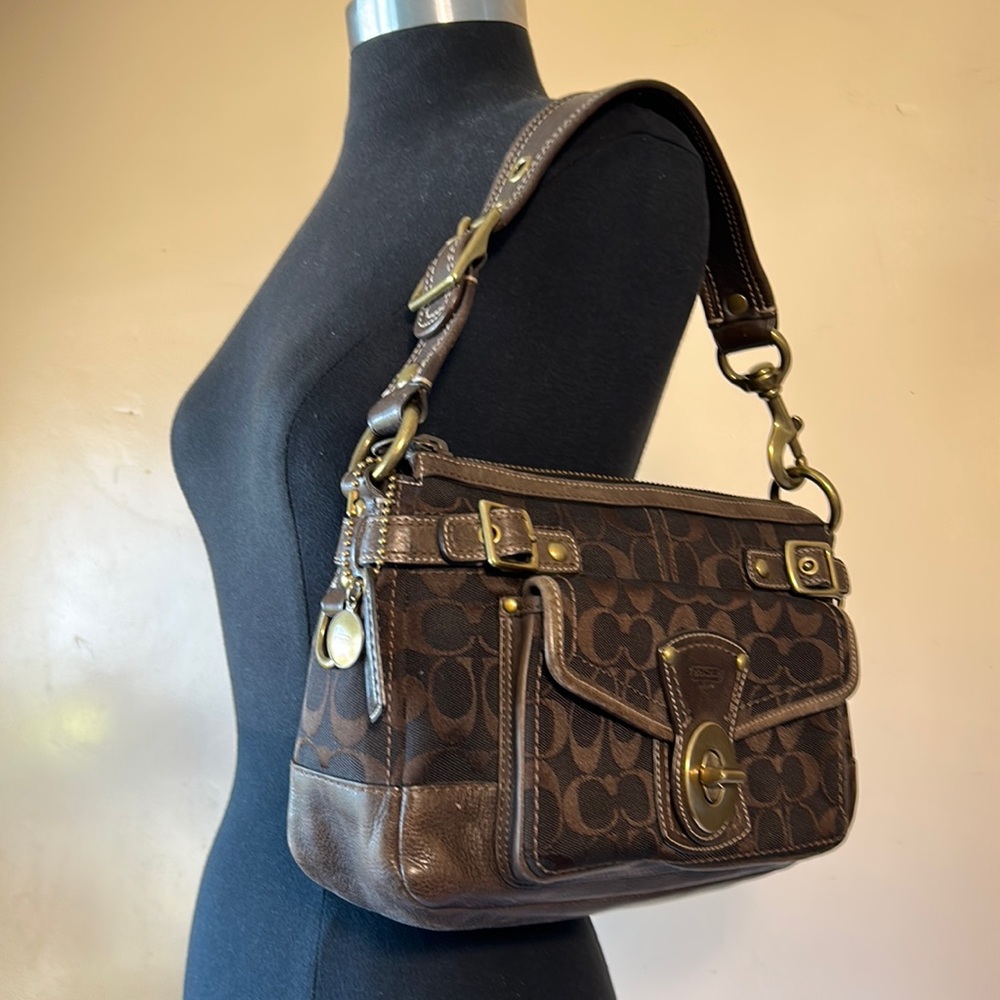 Coach Brown Signature Legacy Jacquard and Venetta Leather Tote with Turn Lock